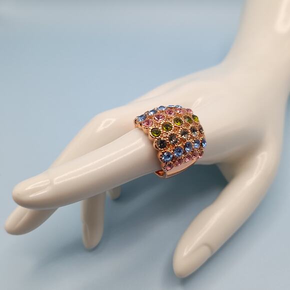 Multicolored Rhinestone Wide Band Ring, Rose Gold Tone, Size 7.75 - Picture 10 of 14